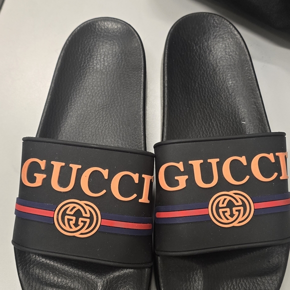 Gucci Black Slides with Orange and Purple Accents